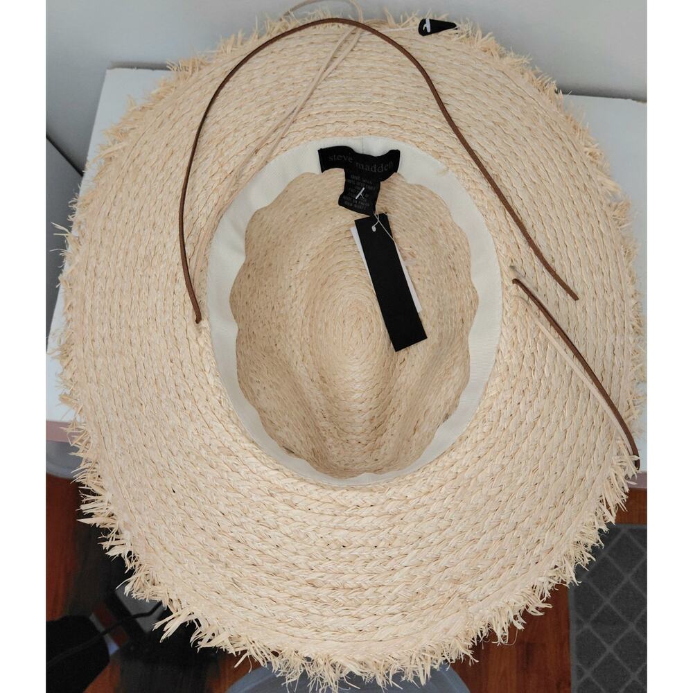 Steve Madden Embellished Straw Sun Hat Frayed Wide Brim Jeweled Boho Beach O/S - Picture 8 of 13